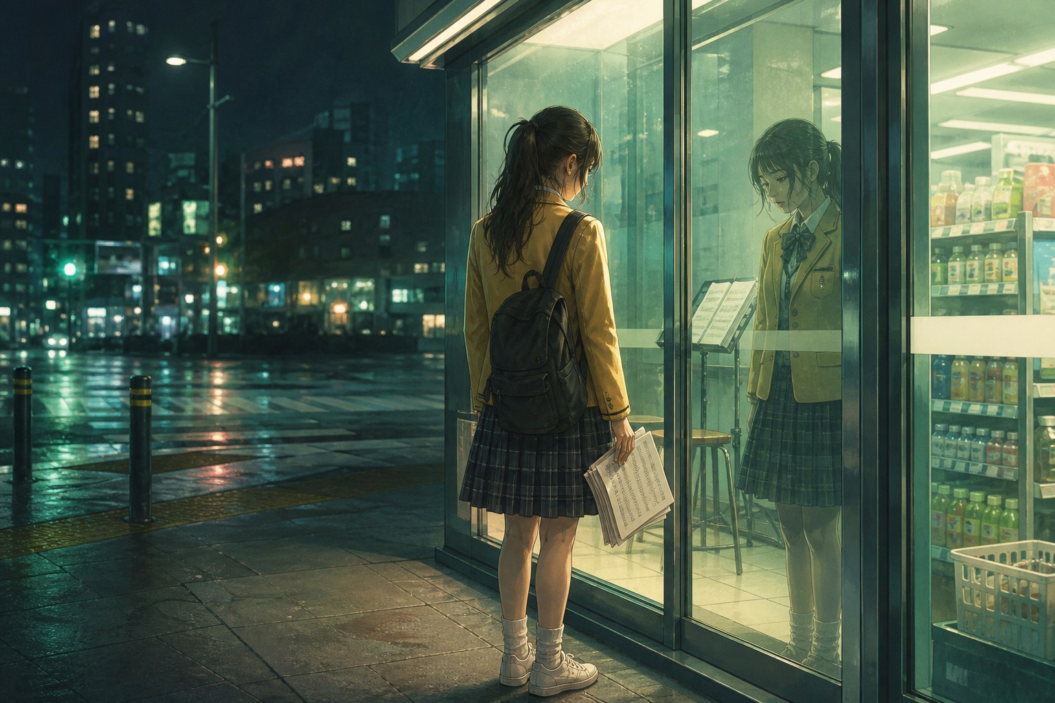 夜里站在便利店玻璃门前的女孩与她的倒影
